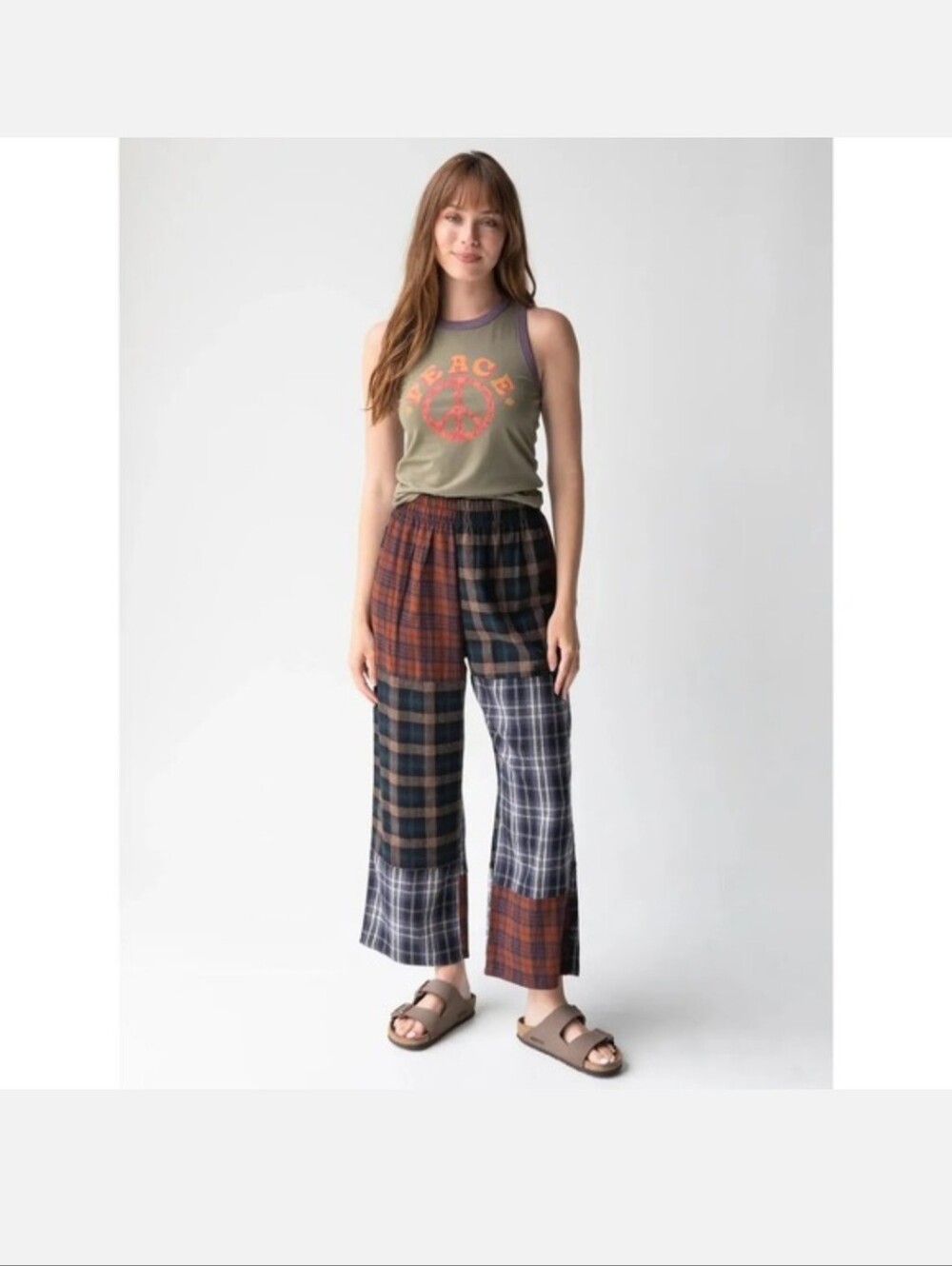Natural Life Devon Patchwork Plaid Pants Brown Navy Multi Flannel Wide Leg Large